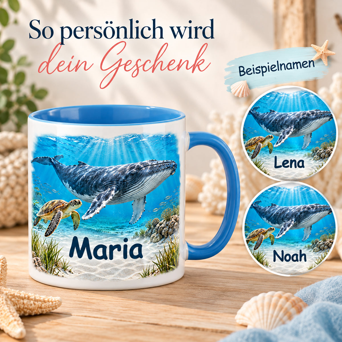 Wal-Tasse mit Meeresschildkröte, Hauptname Maria und Namensbeispielen Lena und Noah