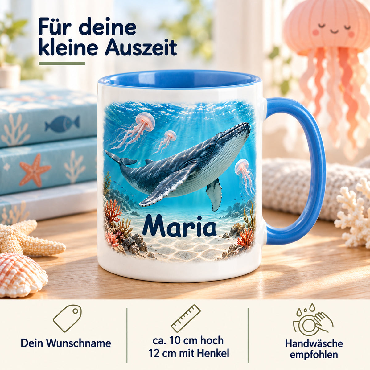 Wal-Tasse im Quallengarten mit Wunschname: ca. 10 cm hoch, ca. 12 cm mit Henkel, Handwäsche empfohlen