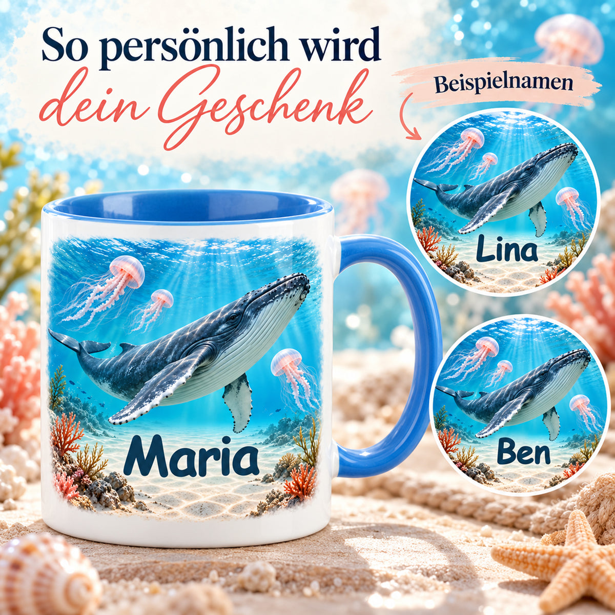 Wal-Tasse im Quallengarten mit Hauptname Maria und Namensbeispielen Lina und Ben