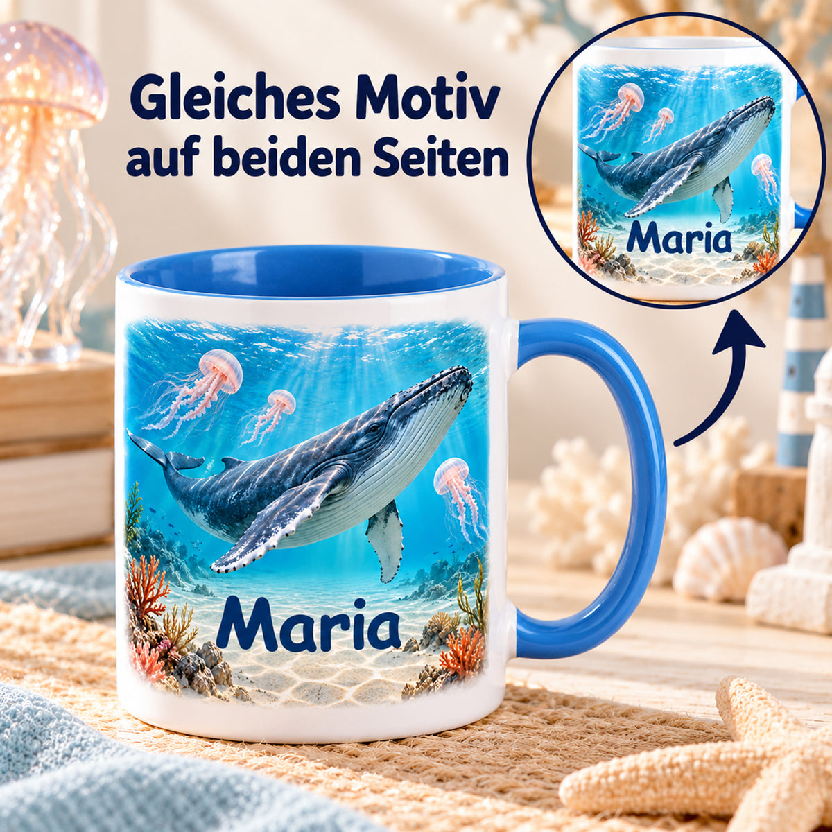 Wal-Tasse mit Wunschname und Quallengarten auf beiden Seiten und vergrößertem Motivdetail