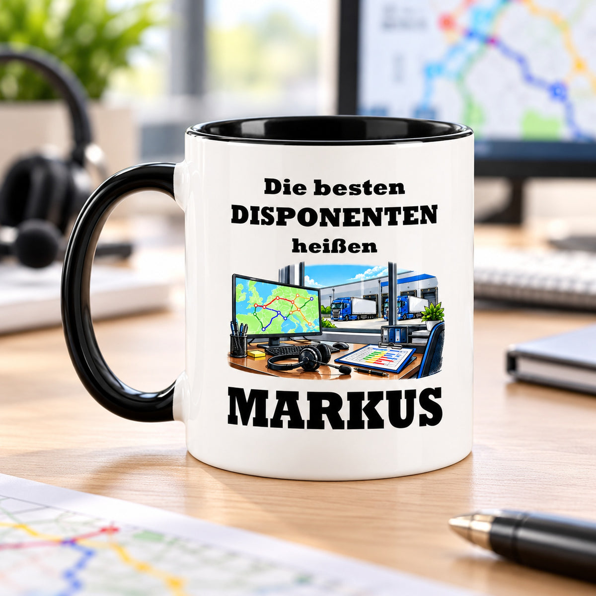Rückseite der Disponent-Tasse mit demselben Cartoonmotiv und Wunschnamen, schwarzer Henkel links.