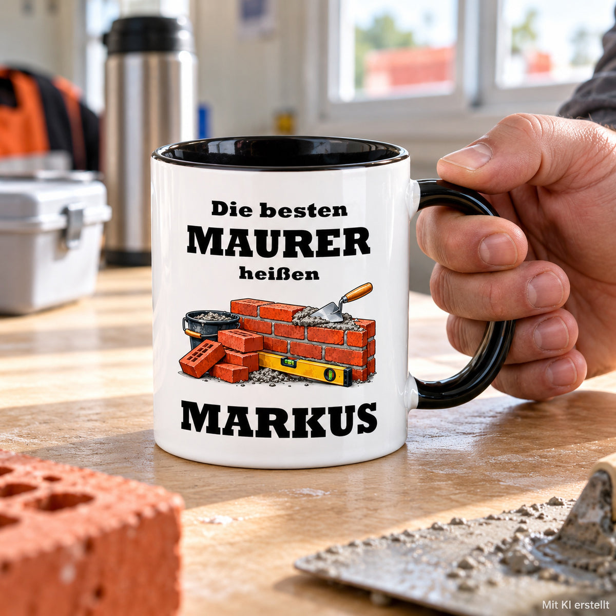 Personalisierte Maurer-Tasse in Händen, mit schwarzer Innenseite und Hinweis auf das KI-erstellte Foto.