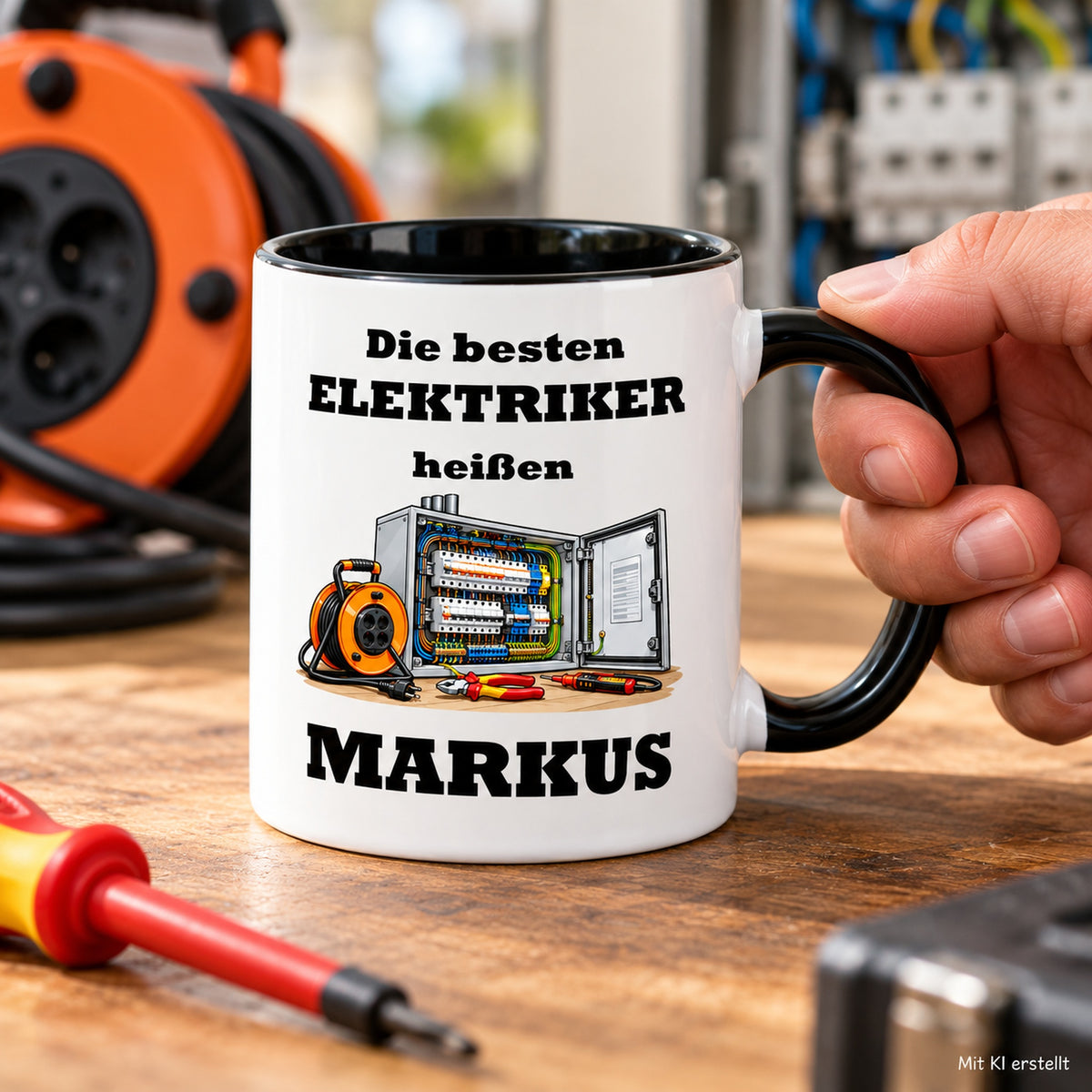 Personalisierte Elektriker-Tasse in Händen, mit schwarzer Innenseite und Hinweis auf das KI-erstellte Foto.