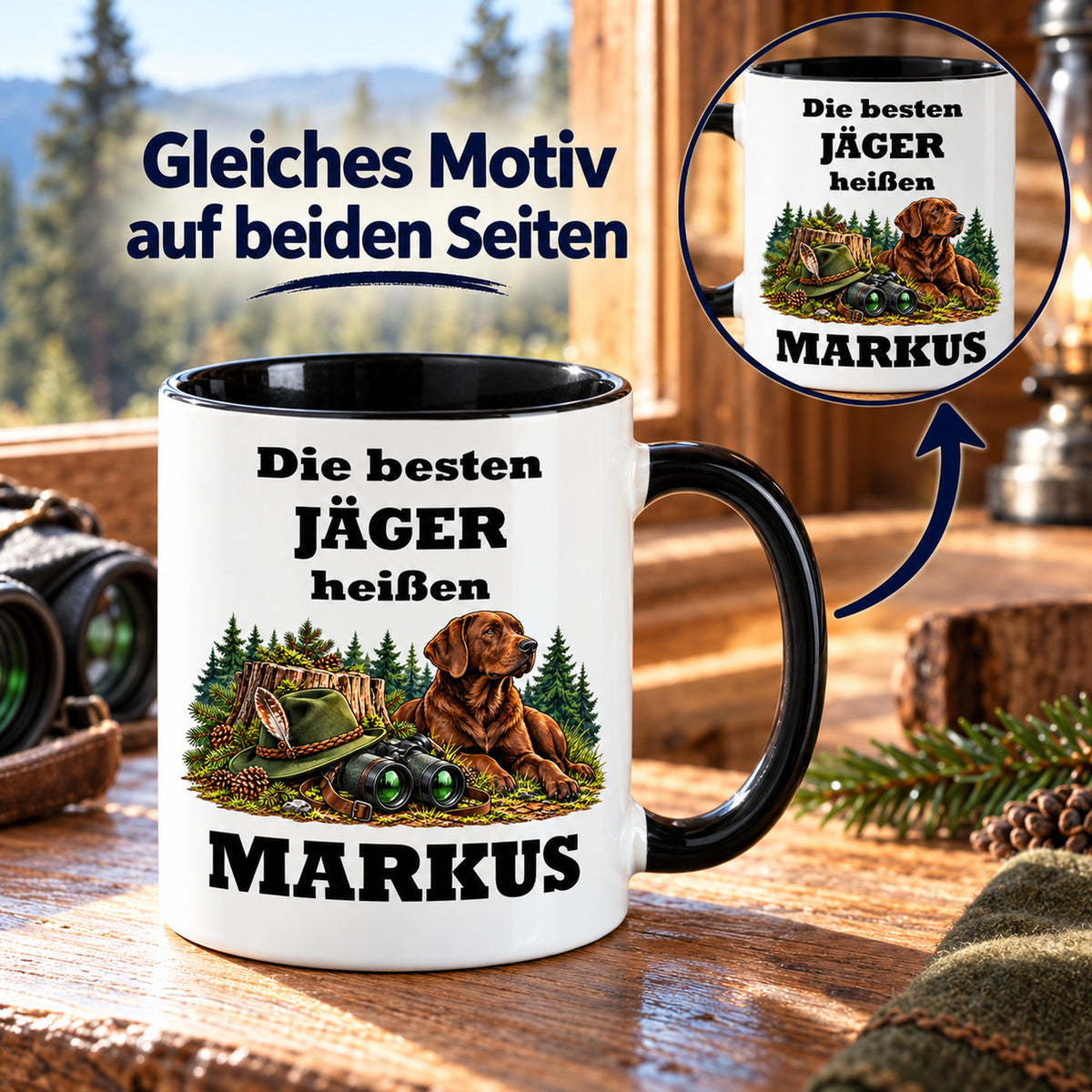 Jäger-Tasse mit Detailansicht des identischen Motivdrucks auf beiden Seiten.