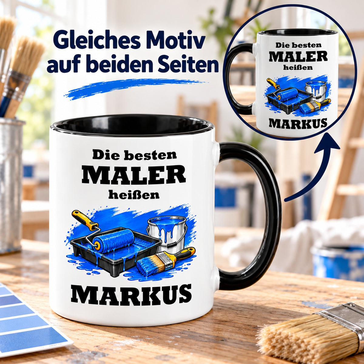 Maler-Tasse mit Detailansicht des identischen Motivdrucks auf beiden Seiten.