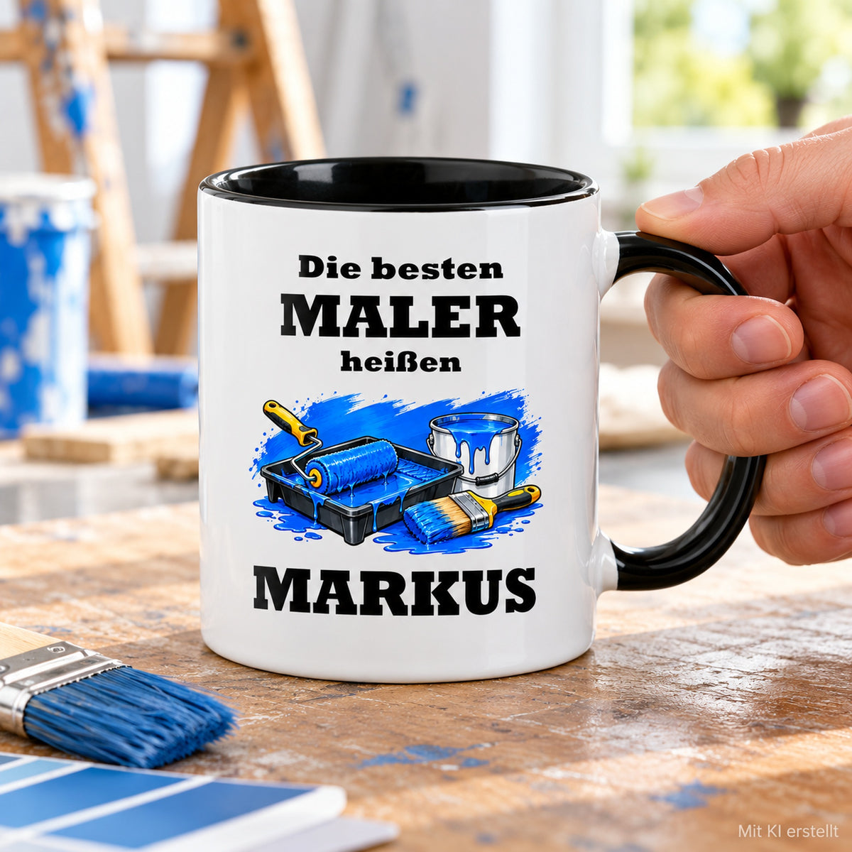 Personalisierte Maler-Tasse in Händen, mit schwarzer Innenseite und Hinweis auf das KI-erstellte Foto.