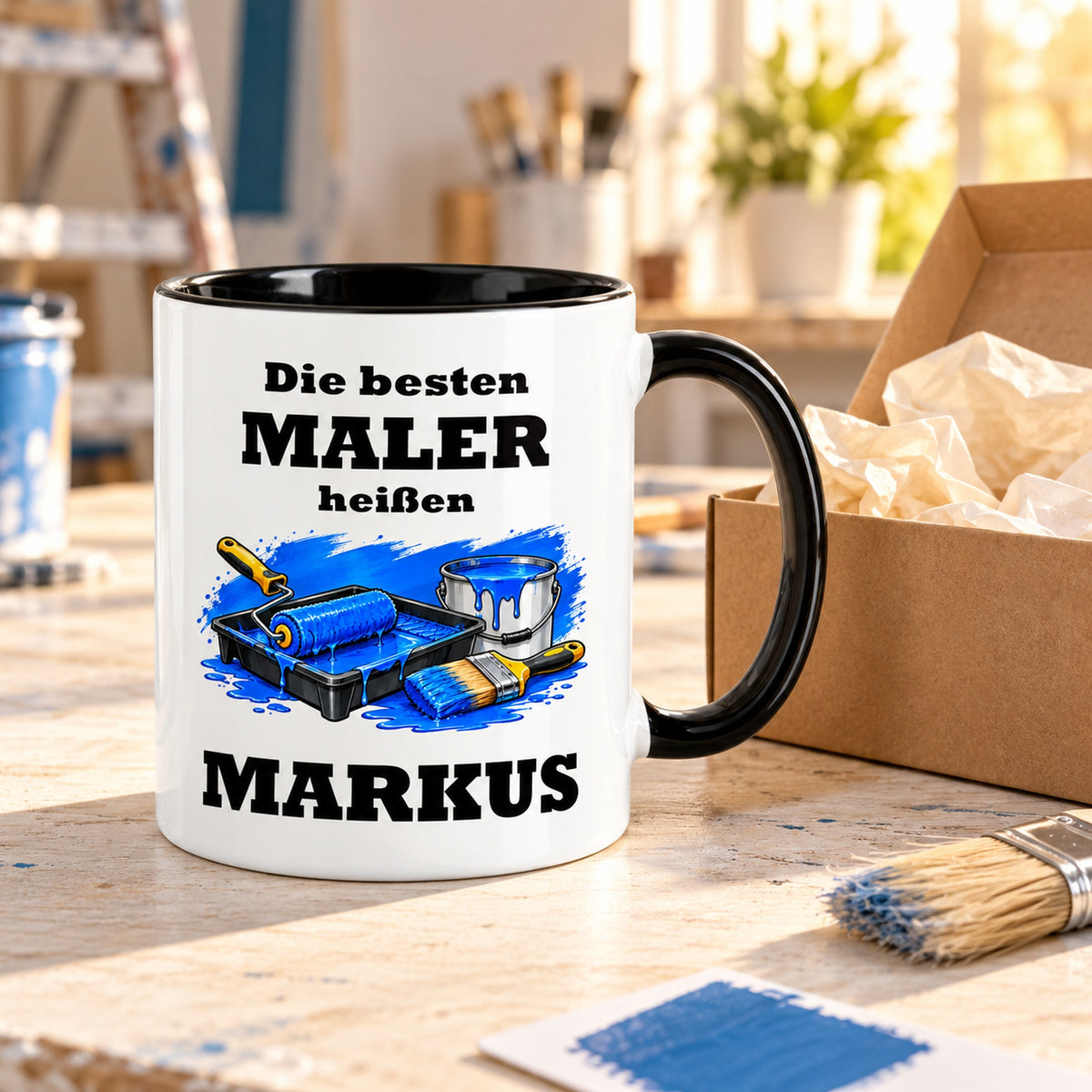 Maler-Tasse als Geschenkidee mit dekorativer Geschenkverpackung; die Verpackung ist nicht enthalten.