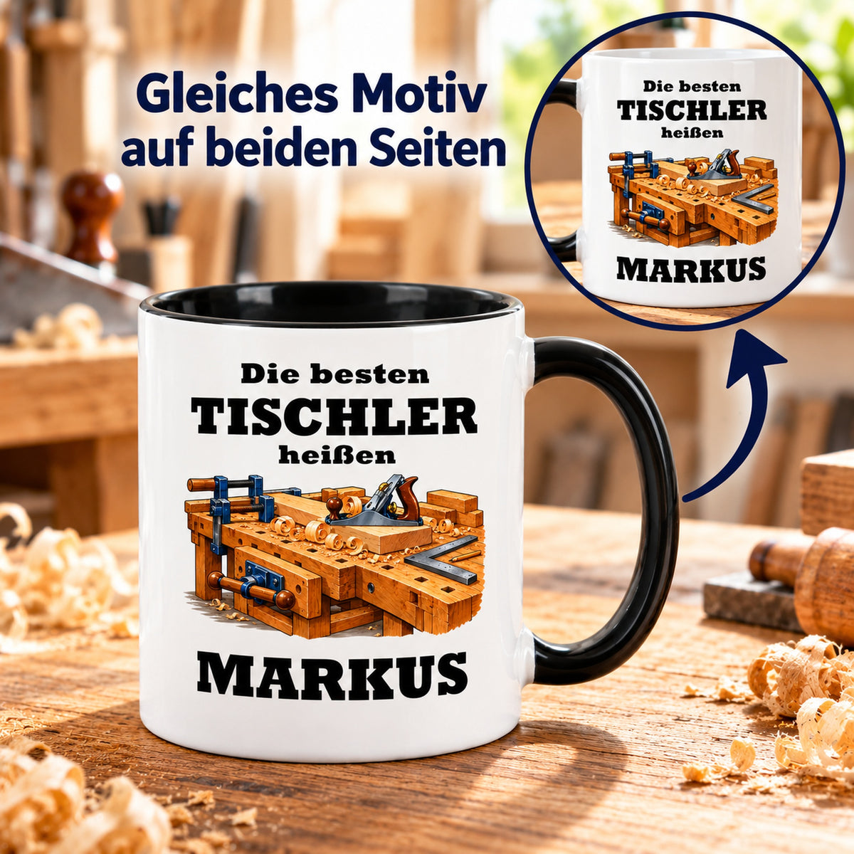 Tischler-Tasse mit Detailansicht des identischen Motivdrucks auf beiden Seiten.
