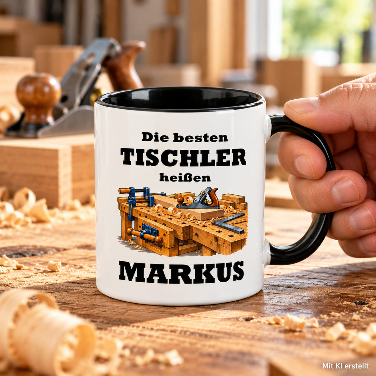 Personalisierte Tischler-Tasse in Händen, mit schwarzer Innenseite und Hinweis auf das KI-erstellte Foto.