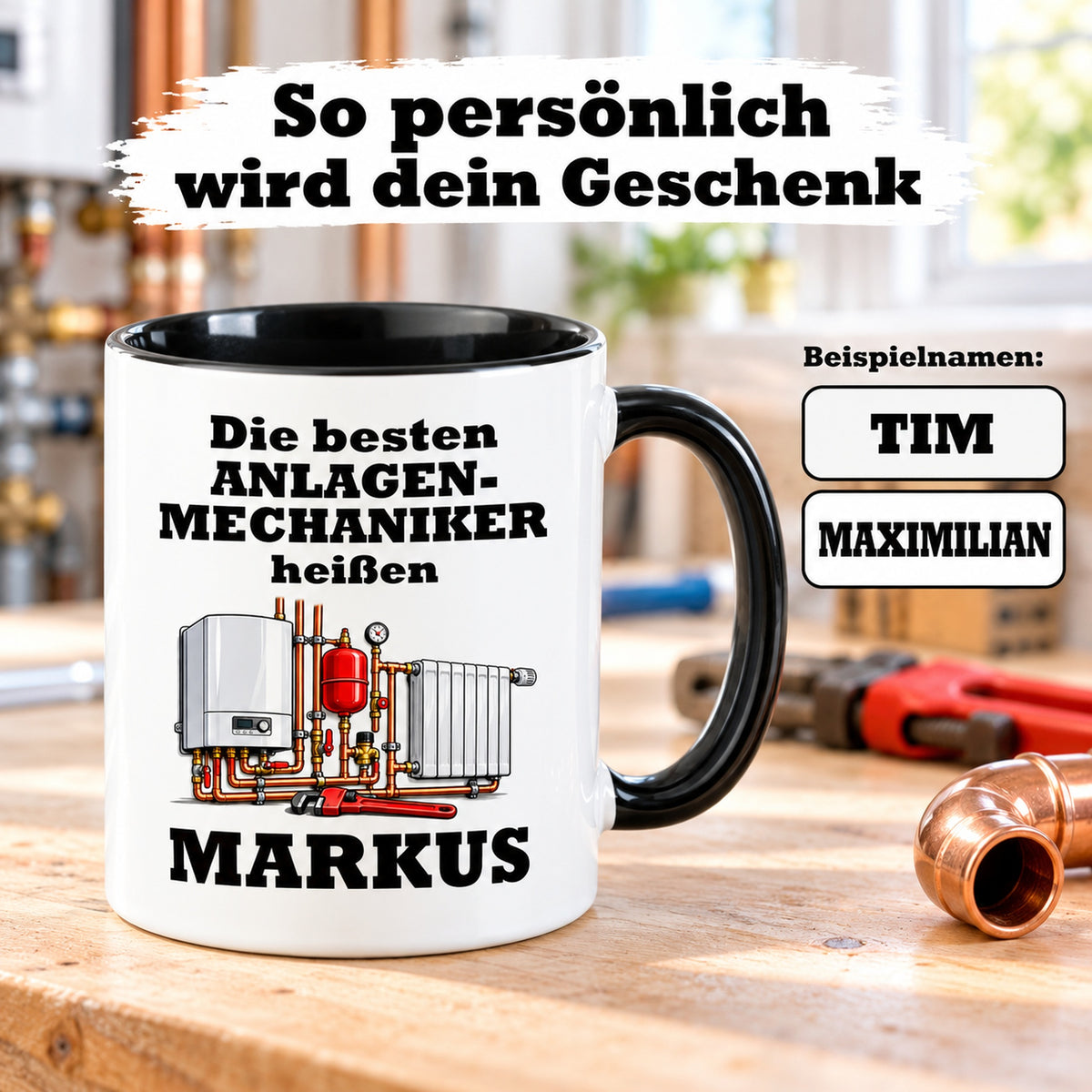 Anlagenmechaniker-Tasse mit großem Wunschnamen und zusätzlichen Namensbeispielen zur Personalisierung.