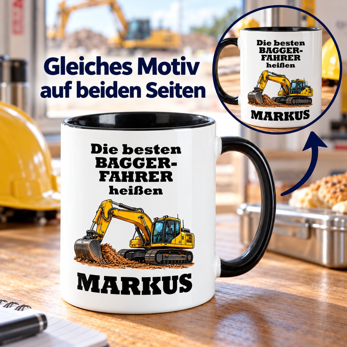 Baggerfahrer-Tasse mit Detailansicht des identischen Motivdrucks auf beiden Seiten.