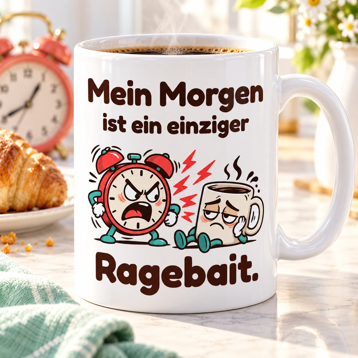 Weiße Keramiktasse mit dem Spruch „Mein Morgen ist ein einziger Ragebait.“ und farbigem Cartoonmotiv mit Wecker und mintfarbenem Tuch.
