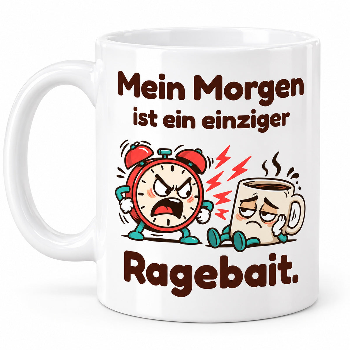 Freigestellte weiße Tasse „Ragebait“ mit Henkel links und identischem Spruchdruck auf der Rückseite.