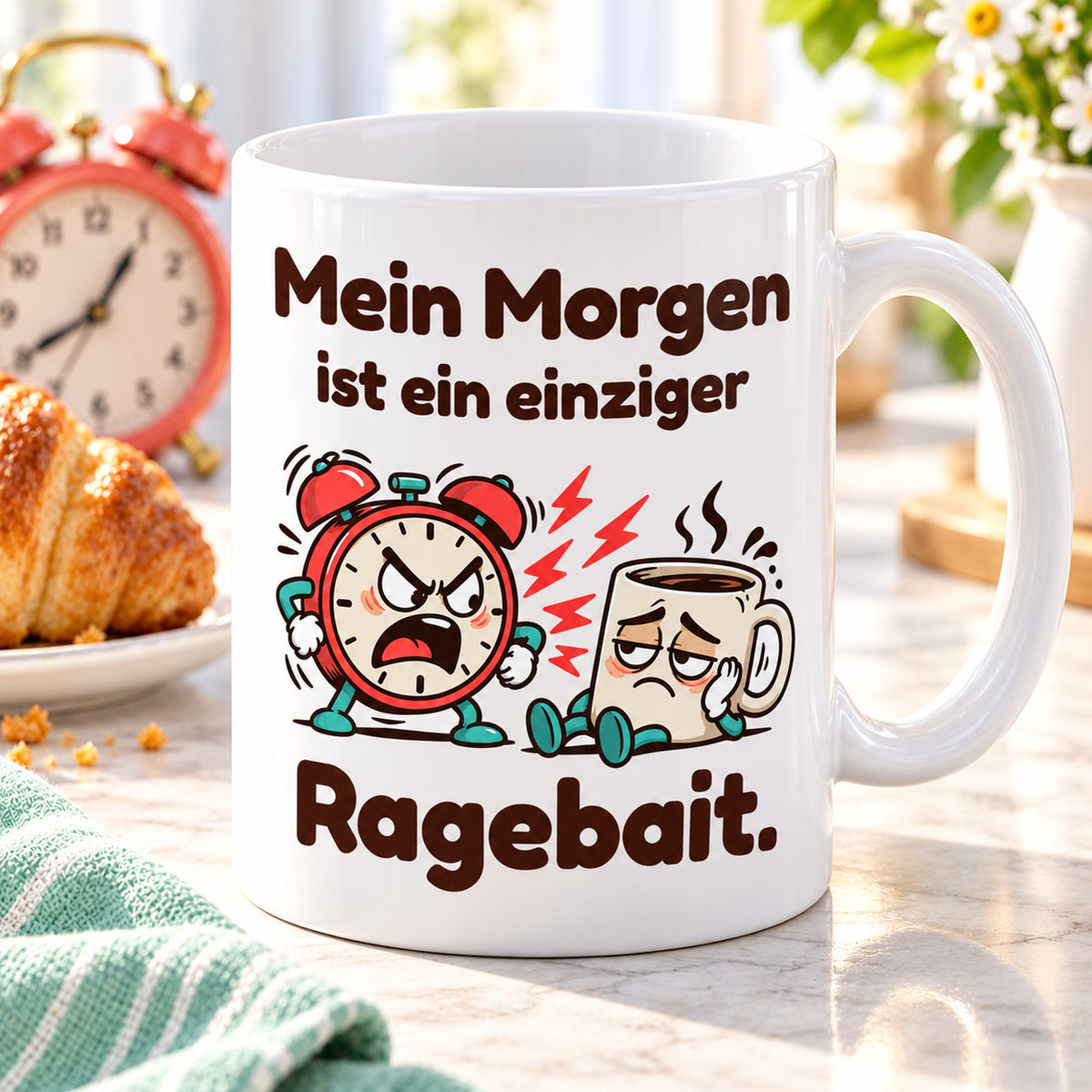 Schrägansicht der Keramiktasse „Ragebait“ mit weißem Innenraum, Henkel und vollständigem Motiv.