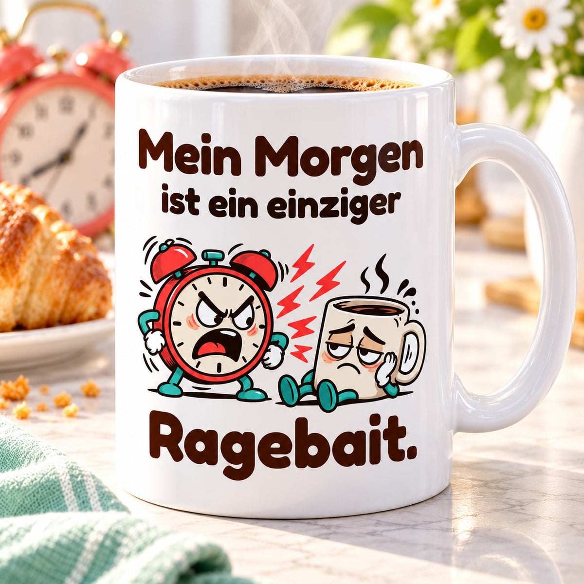 Nahaufnahme des farbigen Cartoonmotivs und des Spruchs „Mein Morgen ist ein einziger Ragebait.“ auf weißer Keramik.