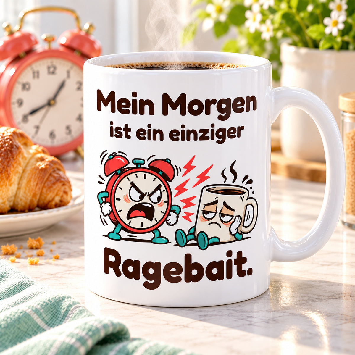 Tasse mit dem Spruch „Mein Morgen ist ein einziger Ragebait.“ bei einer Kaffeepause mit Wecker und mintfarbenem Tuch.