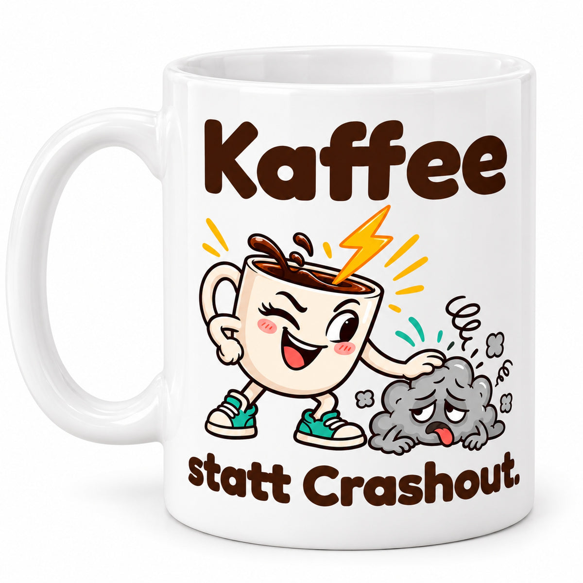 Freigestellte weiße Tasse „Crashout“ mit Henkel links und identischem Spruchdruck auf der Rückseite.