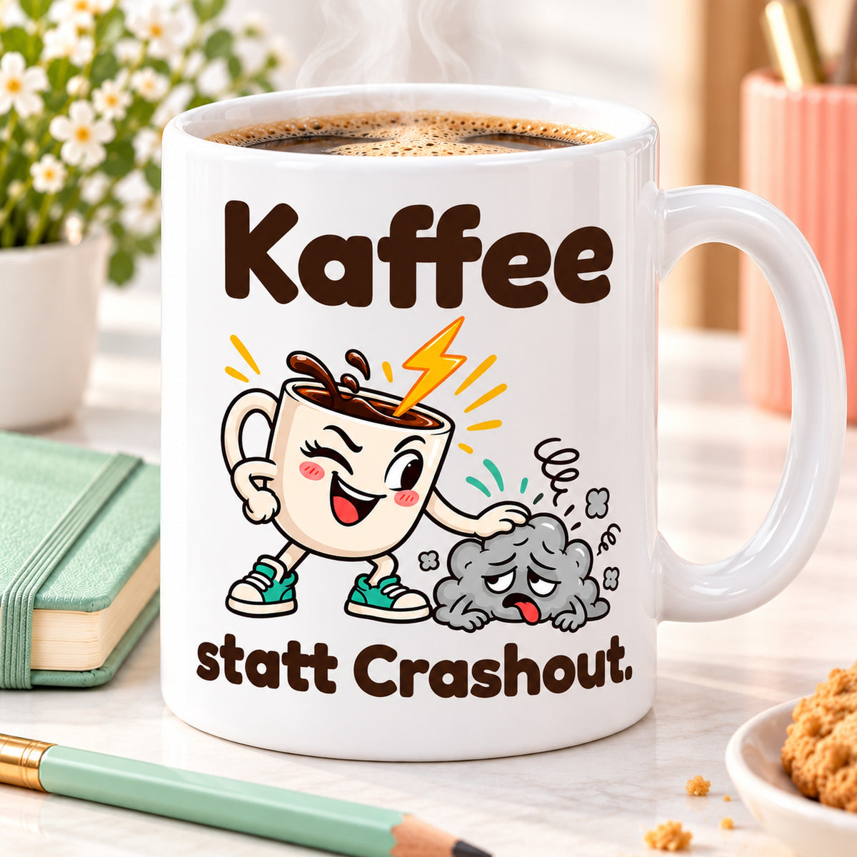 Nahaufnahme des farbigen Cartoonmotivs und des Spruchs „Kaffee statt Crashout.“ auf weißer Keramik.