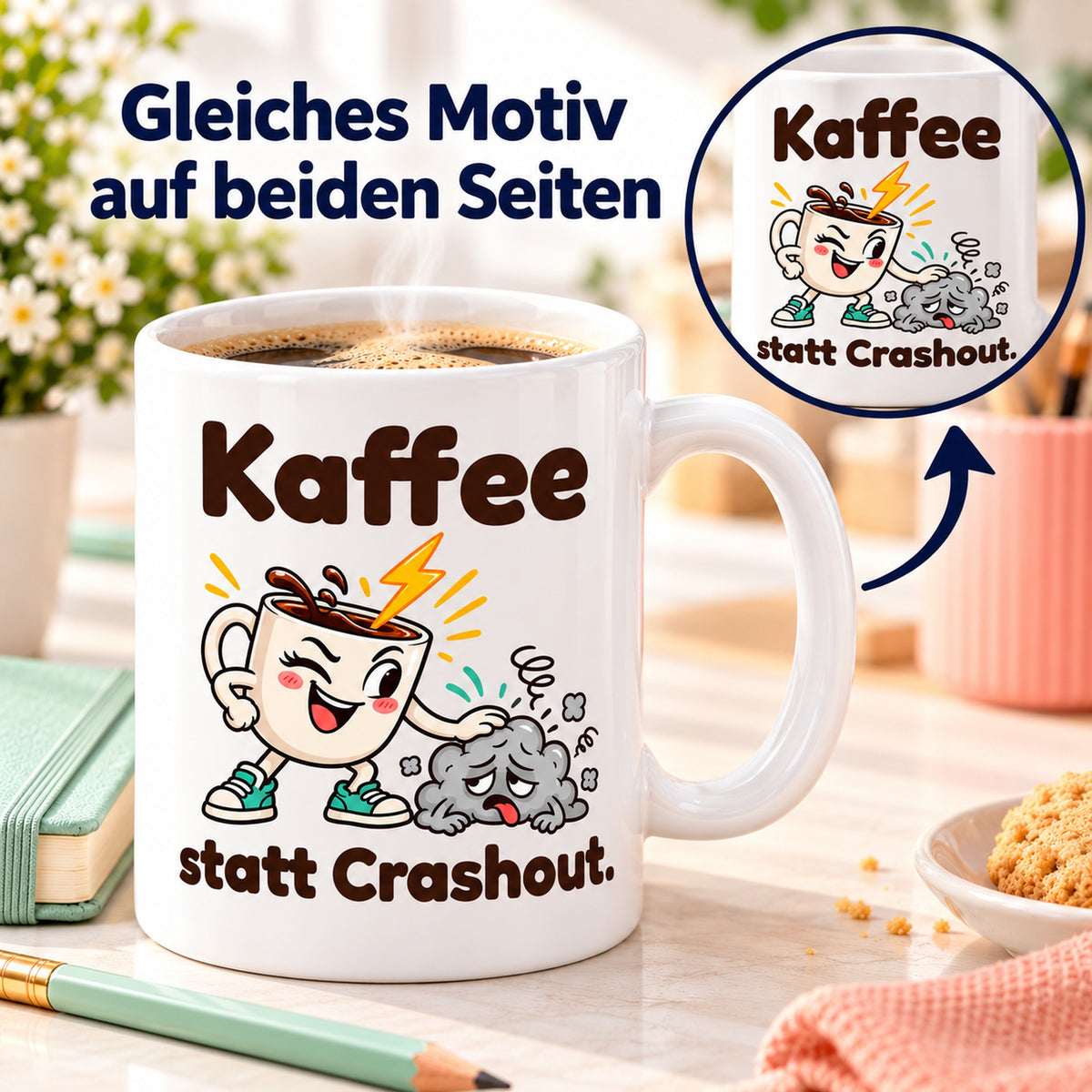 Tasse „Crashout“ mit Detailkreis und Pfeil als Hinweis auf das gleiche Motiv auf beiden Seiten.