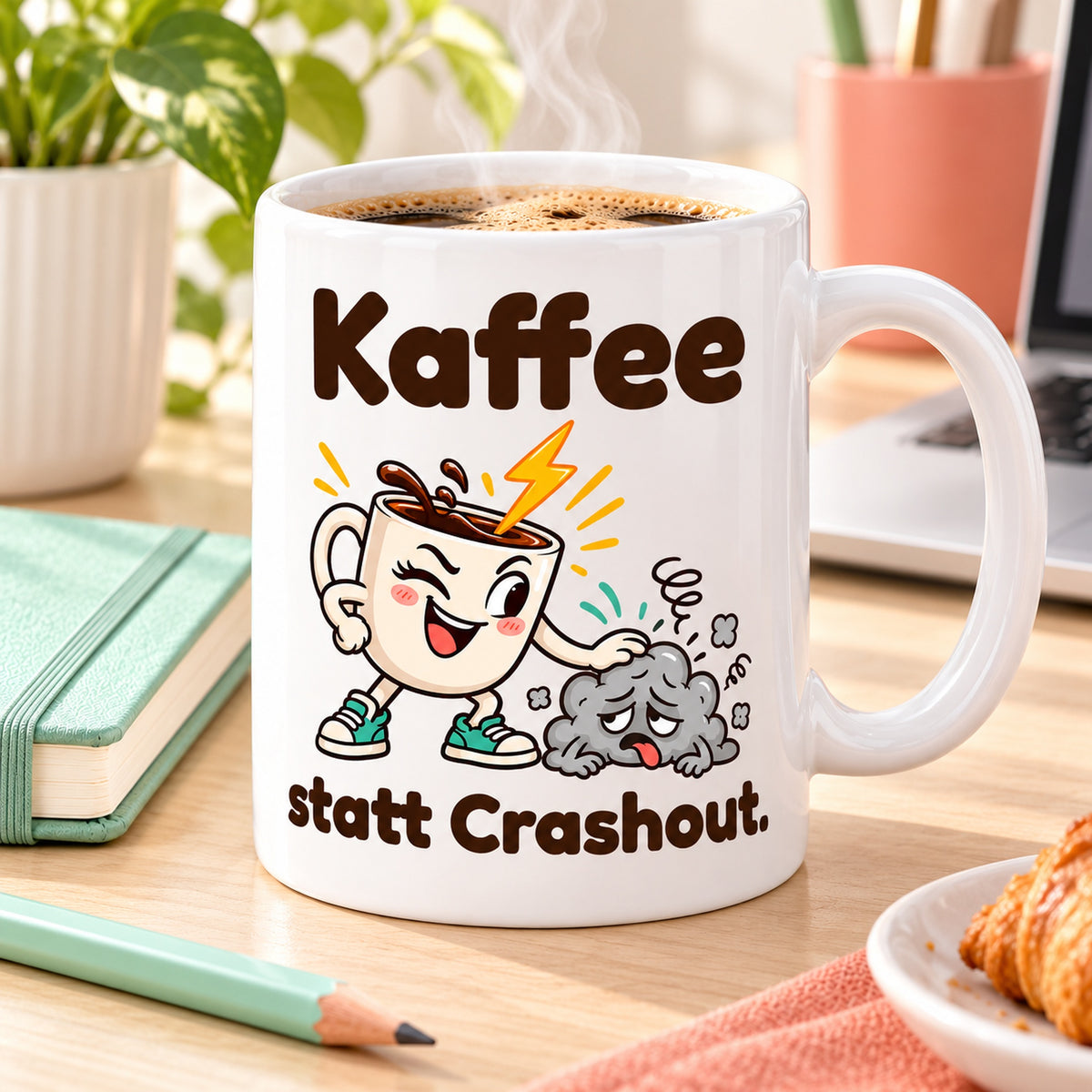 Tasse mit dem Spruch „Kaffee statt Crashout.“ bei einer Kaffeepause auf einem aufgeräumten Schreibtisch.