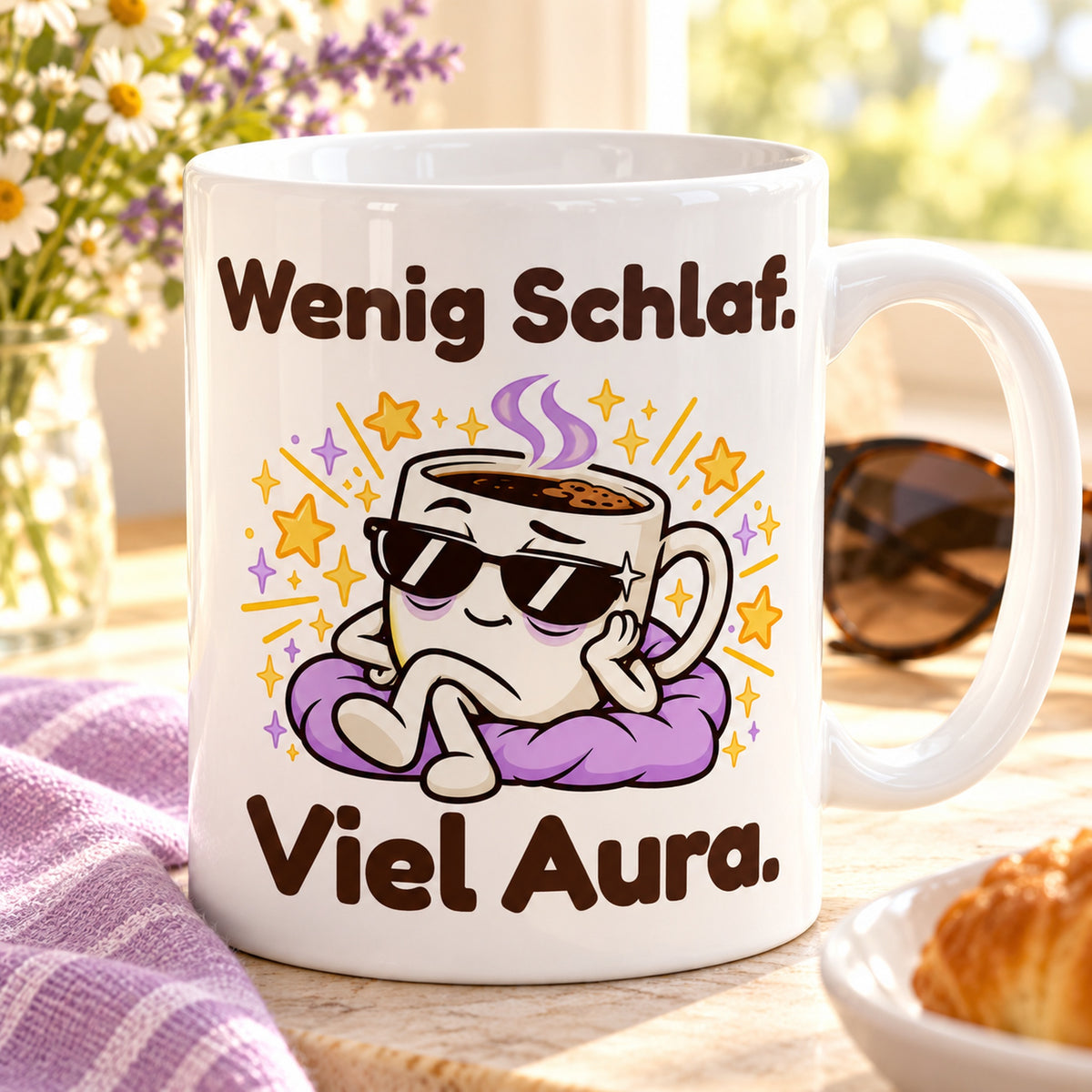 Weiße Keramiktasse mit dem Spruch „Wenig Schlaf. Viel Aura.“ und farbigem Cartoonmotiv auf einer sonnigen Fensterbank.