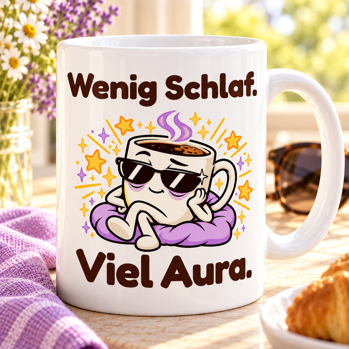 Nahaufnahme des farbigen Cartoonmotivs und des Spruchs „Wenig Schlaf. Viel Aura.“ auf weißer Keramik.