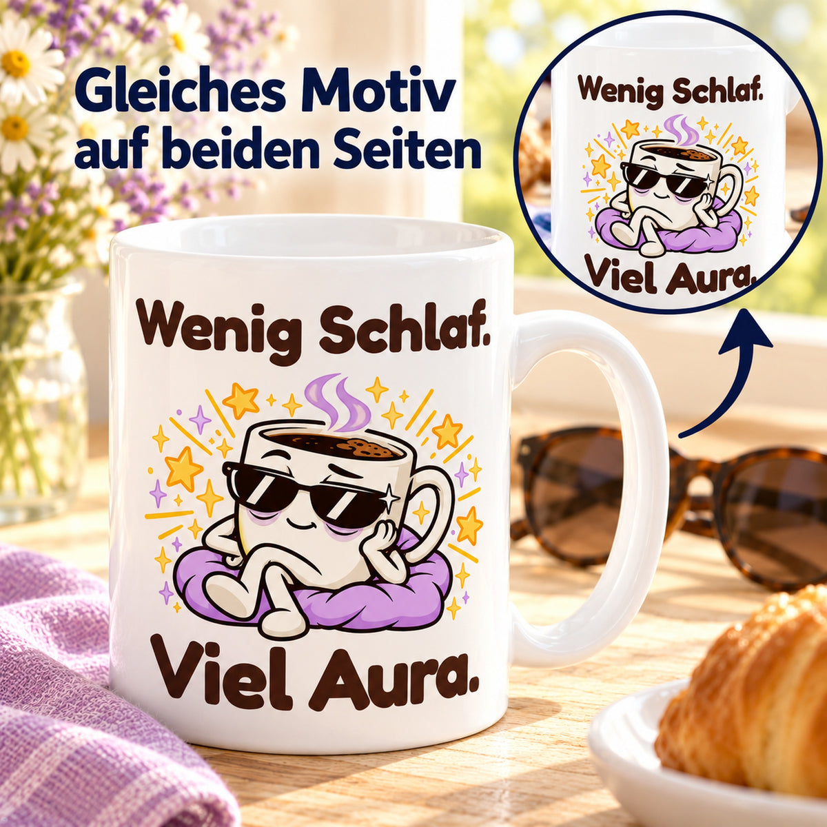 Tasse „Viel Aura“ mit Detailkreis und Pfeil als Hinweis auf das gleiche Motiv auf beiden Seiten.