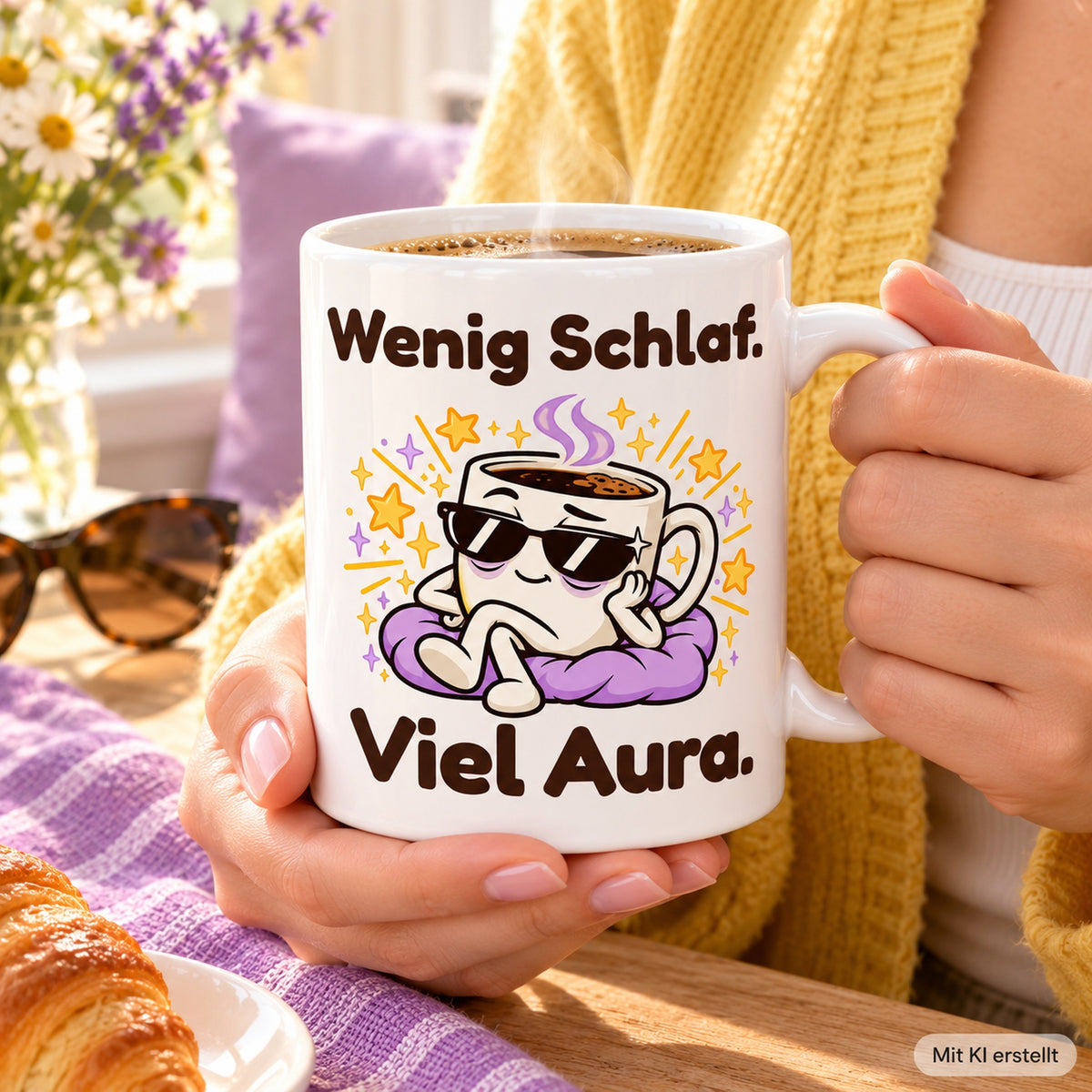 Erwachsene Hände halten die weiße 330-ml-Tasse „Viel Aura“ mit sichtbarem Spruch und Cartoonmotiv.