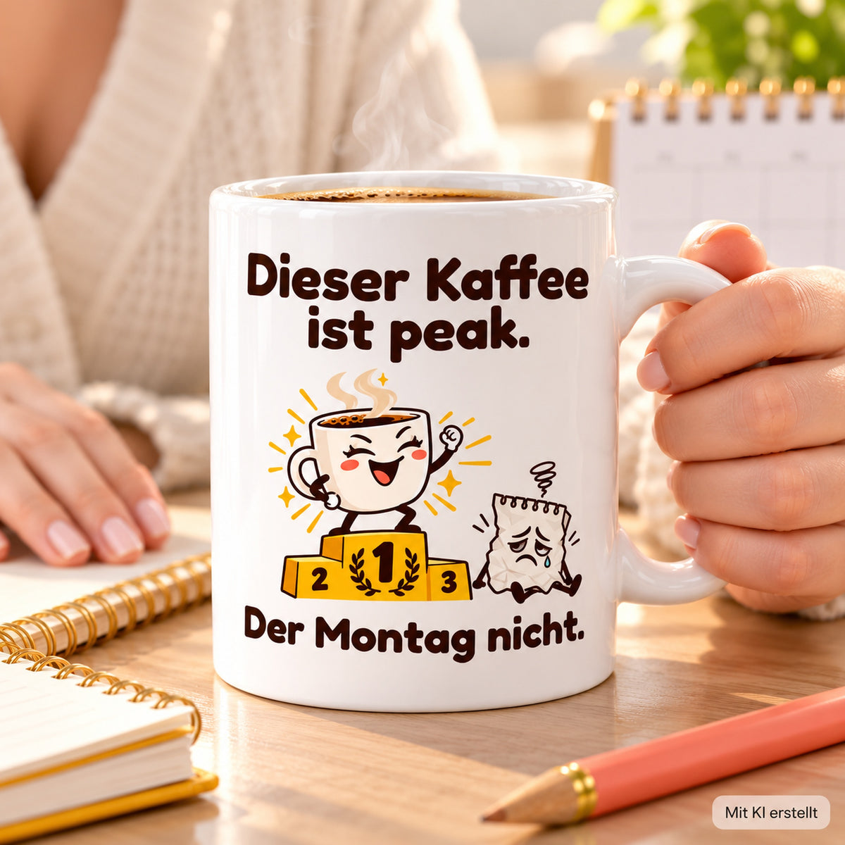 Erwachsene Hände halten die weiße 330-ml-Tasse „Peak & Montag“ mit sichtbarem Spruch und Cartoonmotiv.