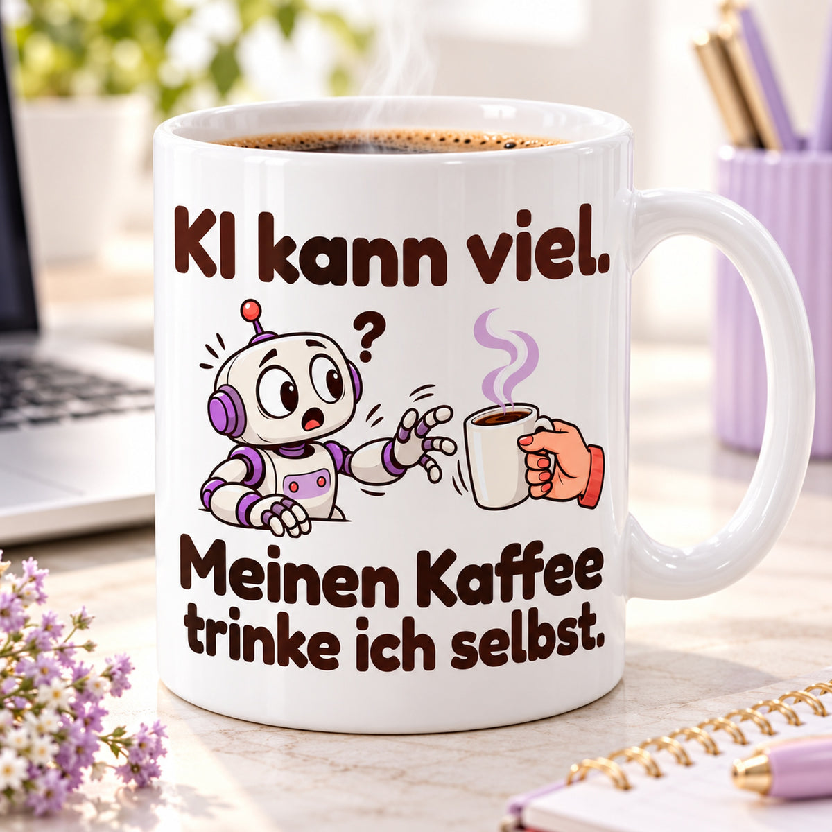 Weiße Keramiktasse mit dem Spruch „KI kann viel. Meinen Kaffee trinke ich selbst.“ und farbigem Cartoonmotiv am Arbeitsplatz mit Laptop.