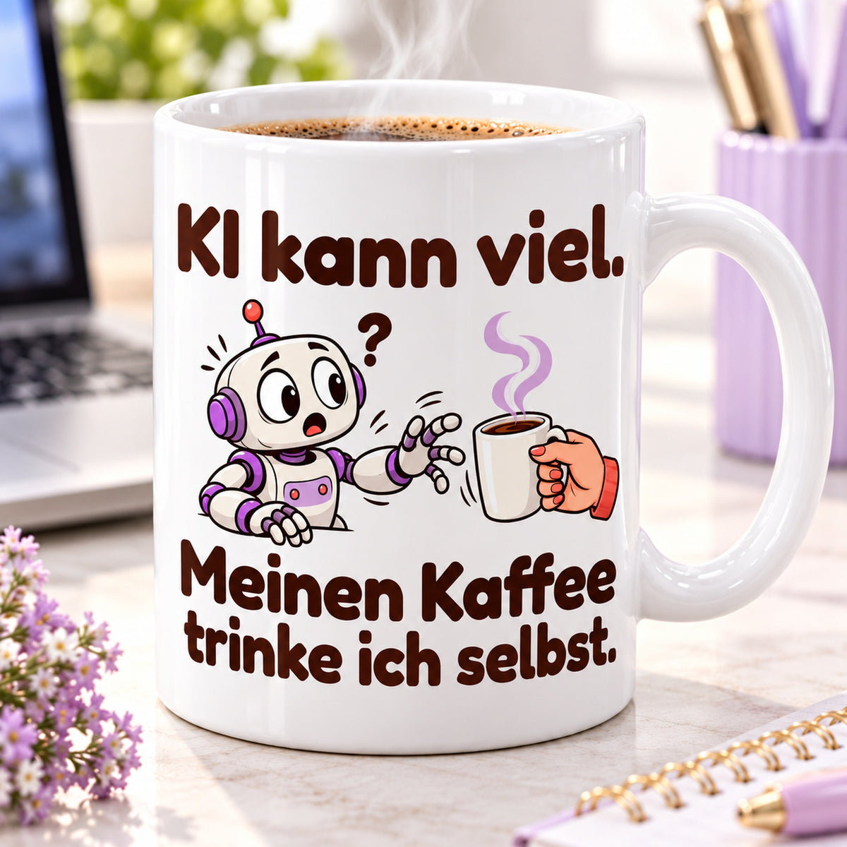 Nahaufnahme des farbigen Cartoonmotivs und des Spruchs „KI kann viel. Meinen Kaffee trinke ich selbst.“ auf weißer Keramik.