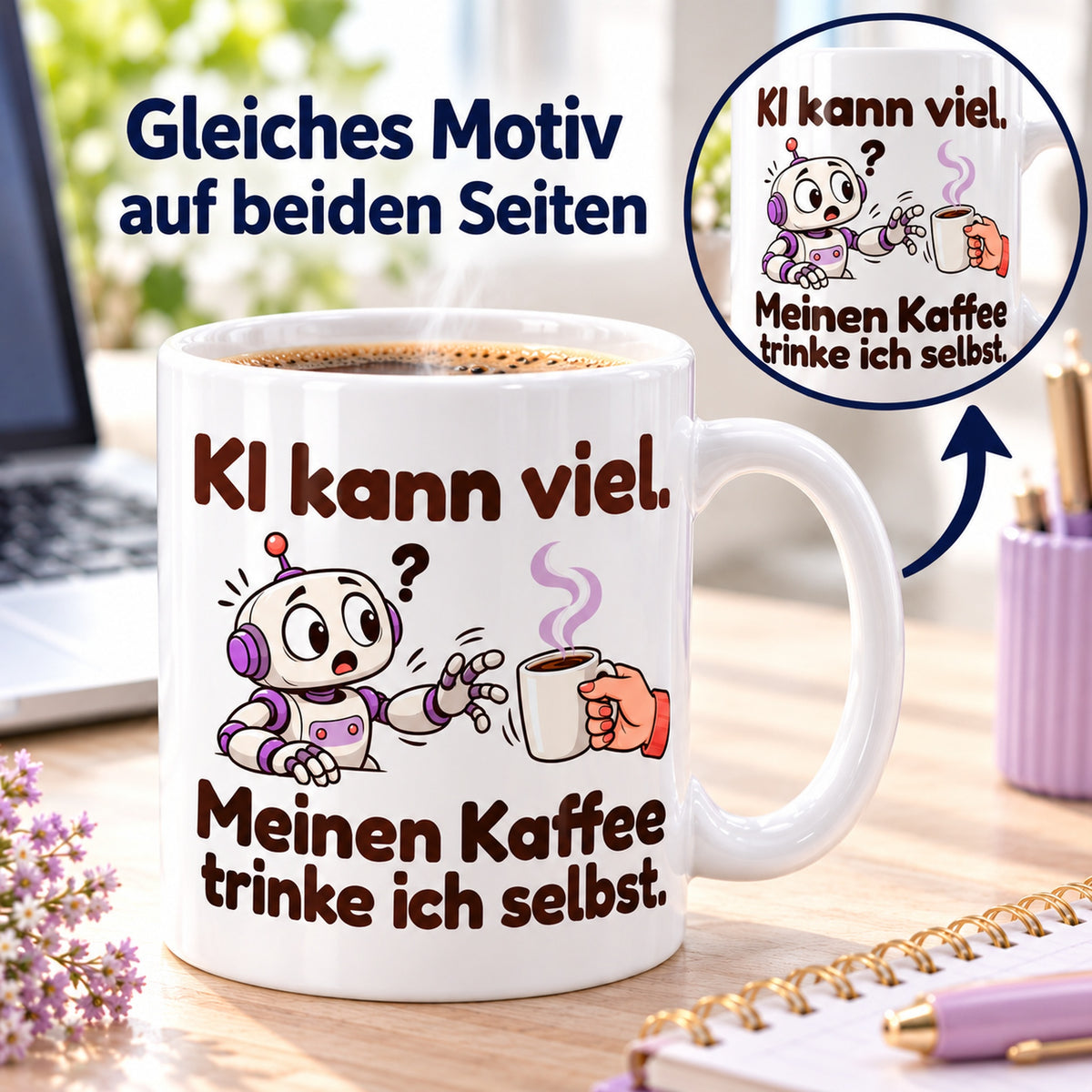 Tasse „KI & Kaffee“ mit Detailkreis und Pfeil als Hinweis auf das gleiche Motiv auf beiden Seiten.
