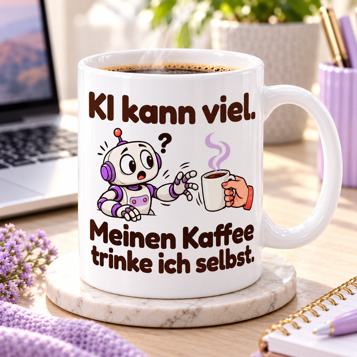 Tasse mit dem Spruch „KI kann viel. Meinen Kaffee trinke ich selbst.“ bei einer Kaffeepause am Arbeitsplatz mit Laptop.