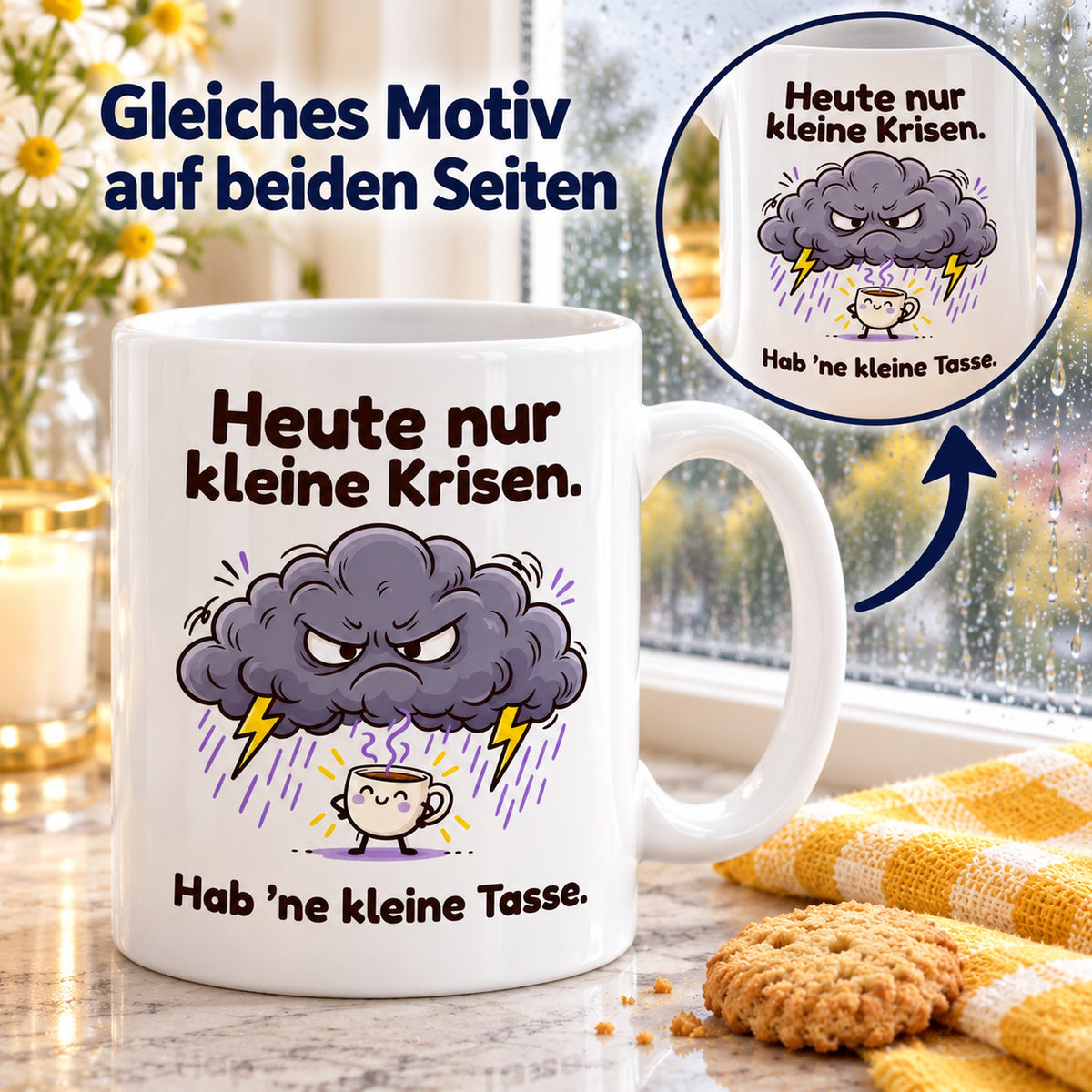 Tasse „Kleine Krisen“ mit Detailkreis und Pfeil als Hinweis auf das gleiche Motiv auf beiden Seiten.