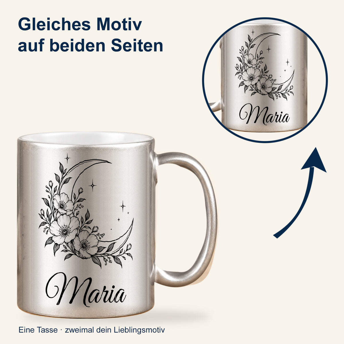 Silberne Tasse mit schwarzem Mond-Blumenmotiv und Wunschnamen; ein Detailkreis zeigt denselben Aufdruck auf der Gegenseite.
