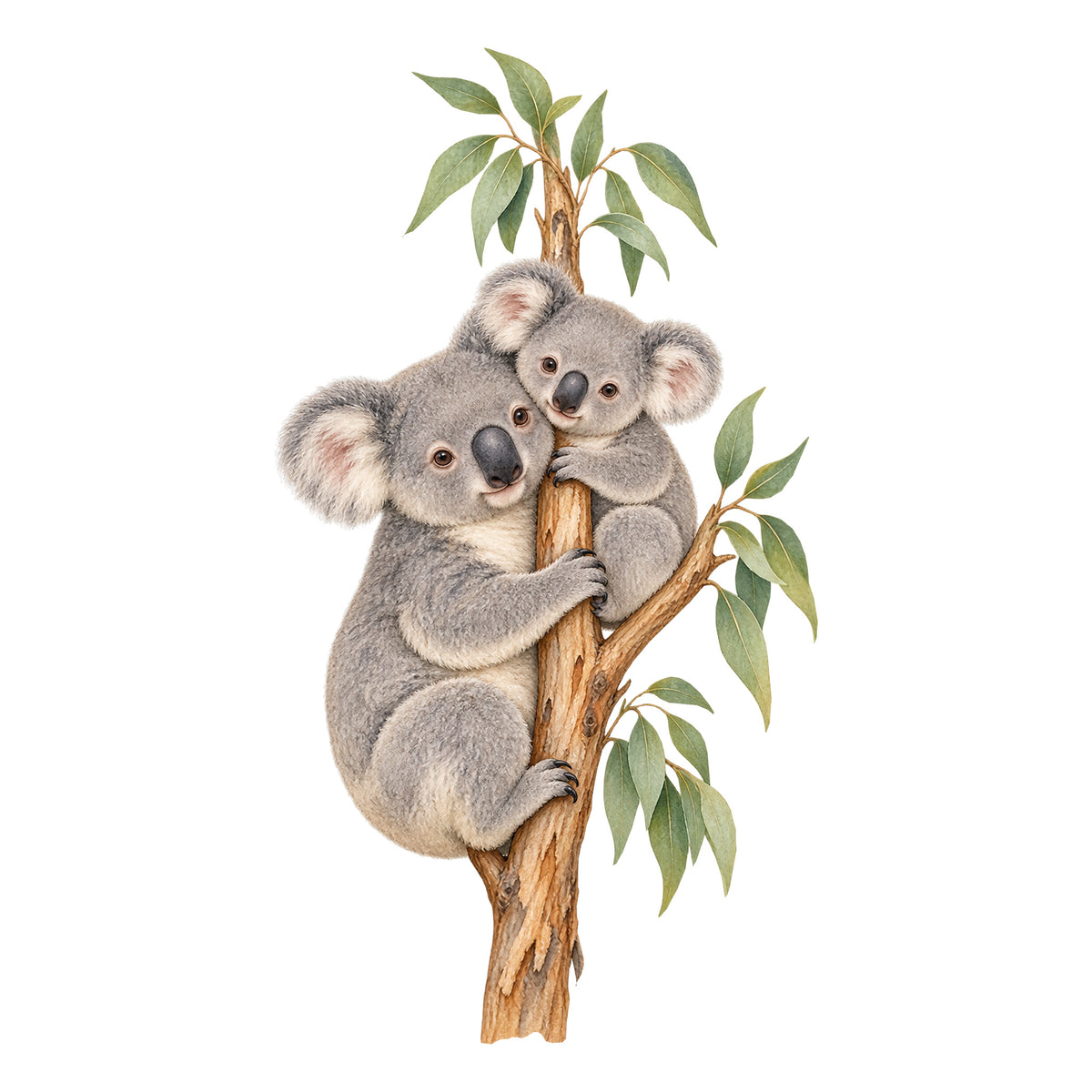 Koala-Wandtattoo Kuschelpause auf weißem Hintergrund. Zwei Koalas schmiegen ihre Köpfe aneinander und halten einen senkrechten Eukalyptusast.