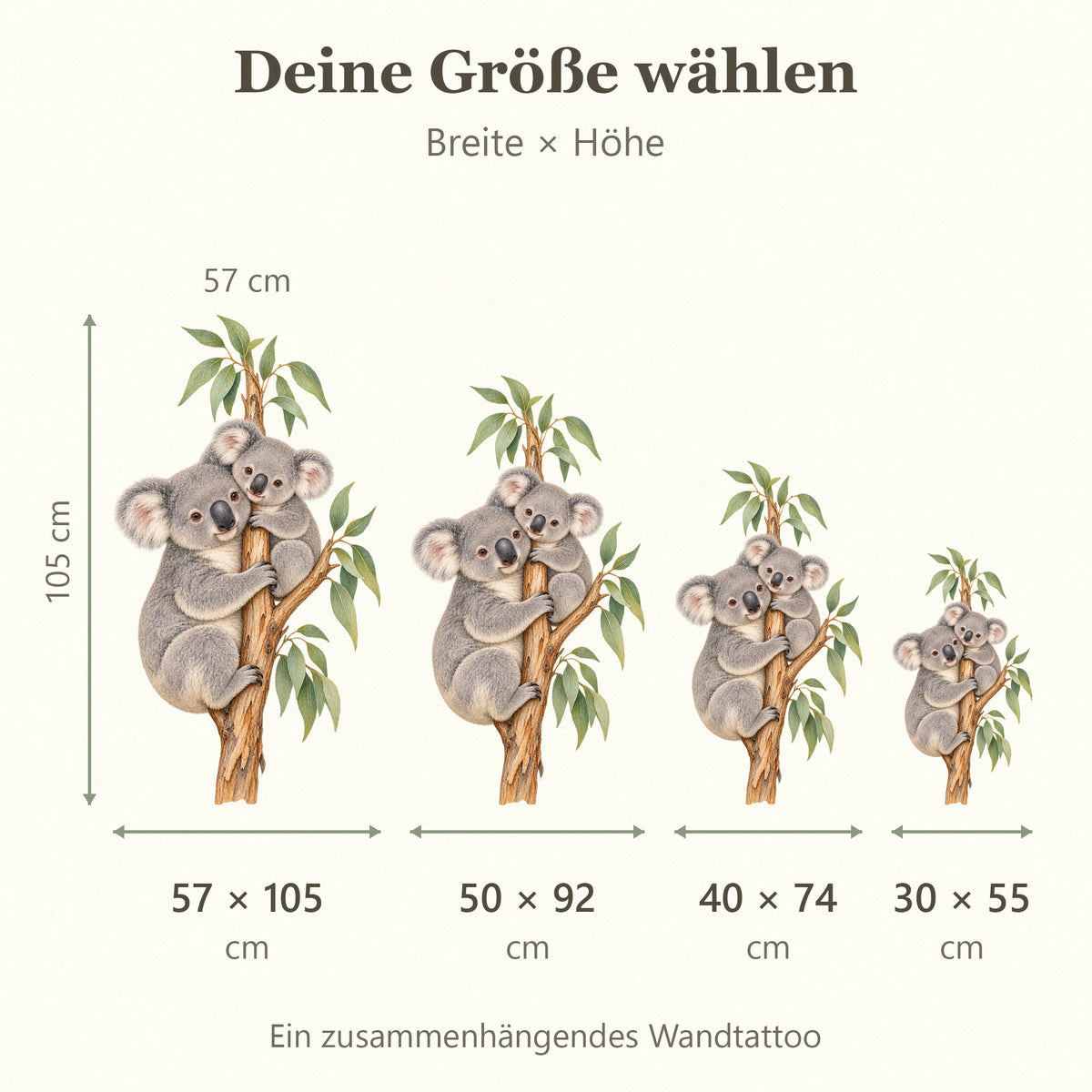 Größenvergleich für Kuschelpause: 30 × 55 cm, 40 × 74 cm, 50 × 92 cm, 57 × 105 cm, jeweils Breite × Höhe. Ein zusammenhängendes Wandtattoo.