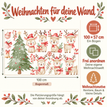 Übersicht des Weihnachts-Wandtattoo-Sets mit Rentieren und Tannenbaum auf einem Bogen von 100 × 57 cm und Hinweis zur freien Anordnung.