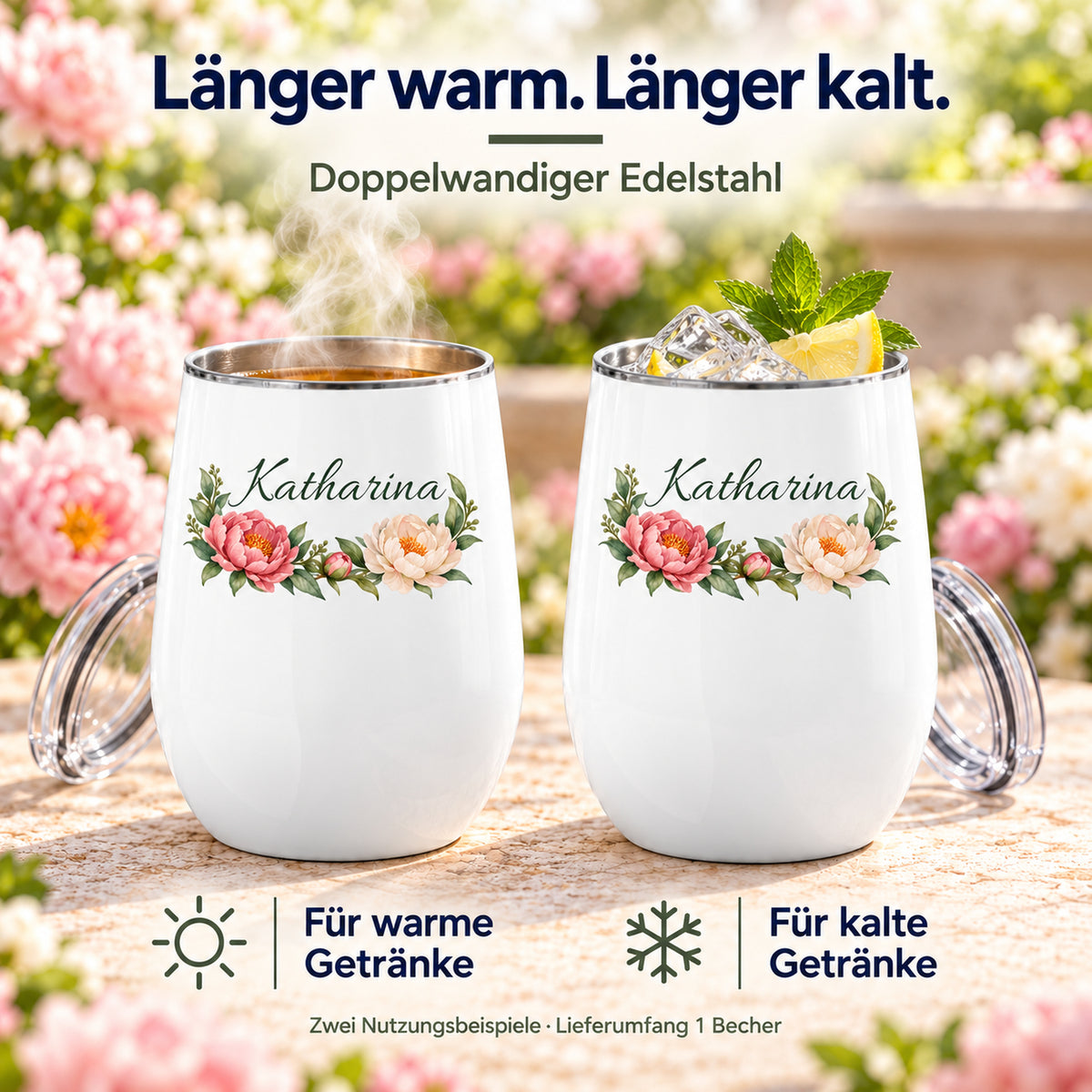 Weinbecher mit Pfingstrosen in zwei Beispielen mit warmem und kaltem Getränk; Lieferumfang ein Becher
