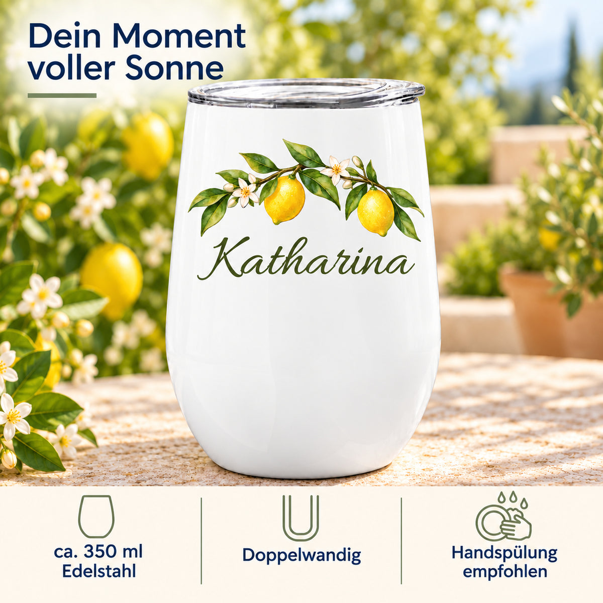 Weinbecher mit Zitronen: ca. 350 ml, doppelwandiger Edelstahl und Pflegehinweis