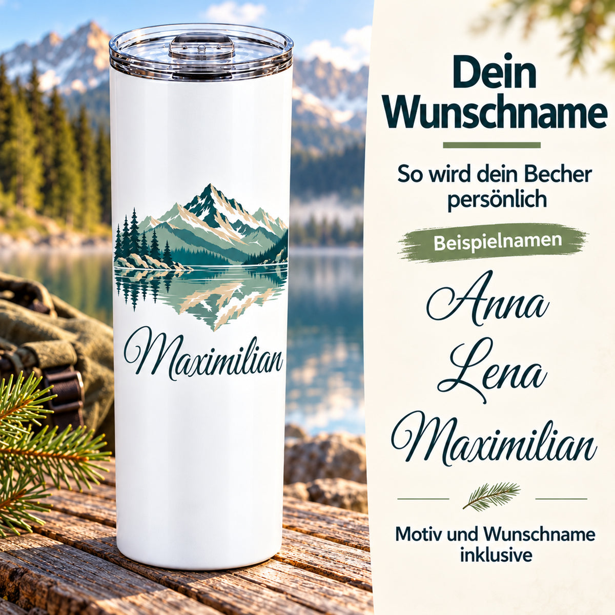 Thermobecher mit Bergsee und Tannen und Wunschname neben Beispielen für die Personalisierung.