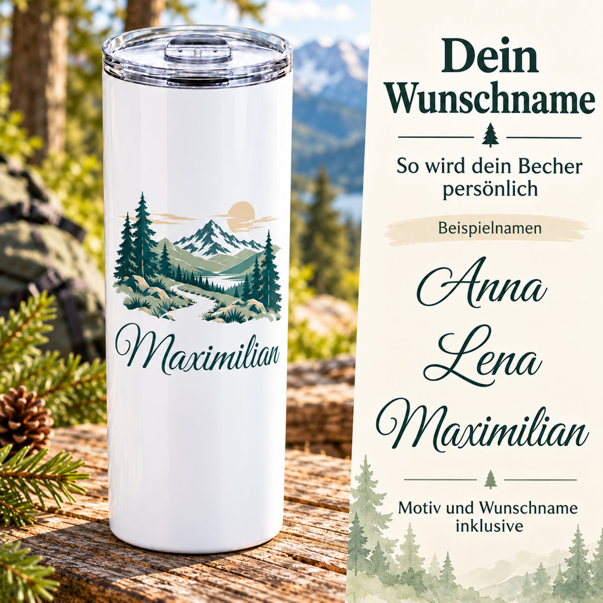 Thermobecher mit Waldpfad und Bergen und Wunschname neben Beispielen für die Personalisierung.