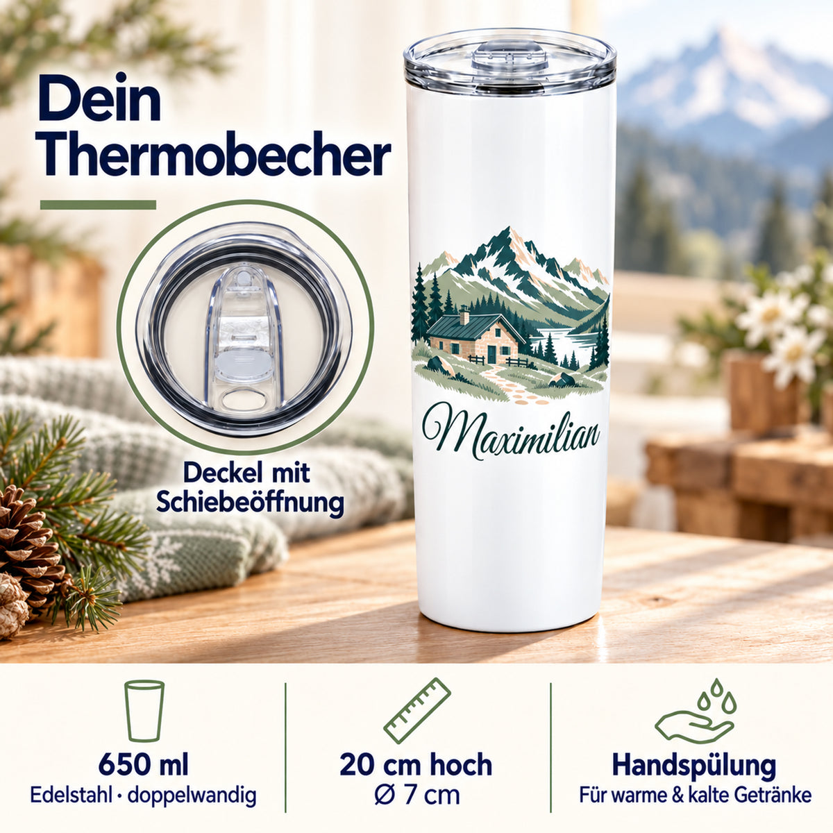 Thermobecher mit Berghütte und Bergen: Deckeldetail, 650 ml, 20 cm Höhe, Ø 7 cm und Handspülung.