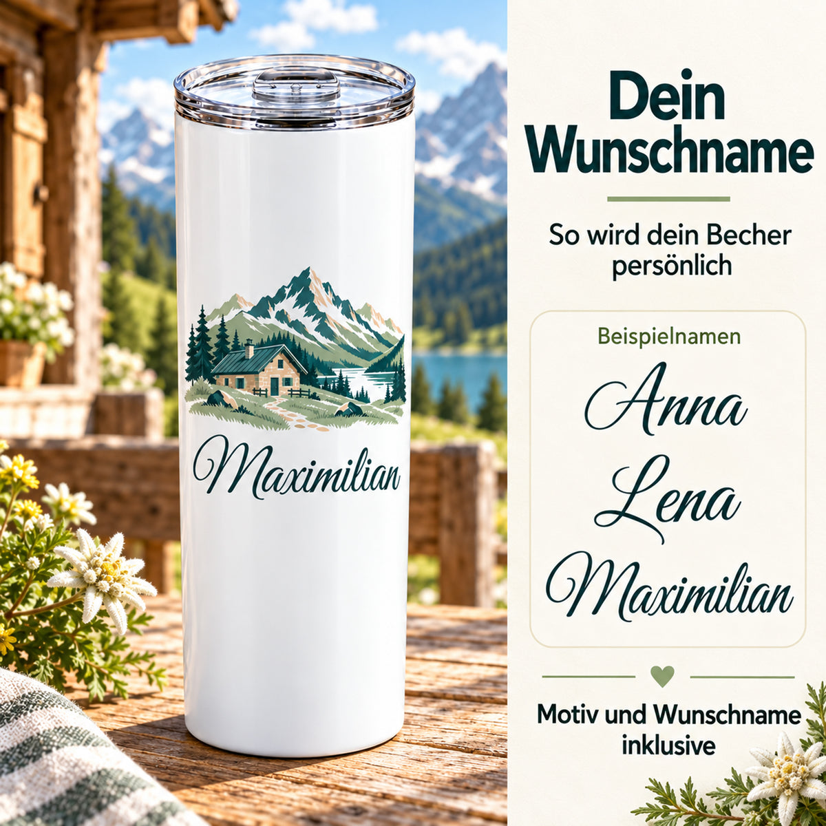 Thermobecher mit Berghütte und Bergen und Wunschname neben Beispielen für die Personalisierung.