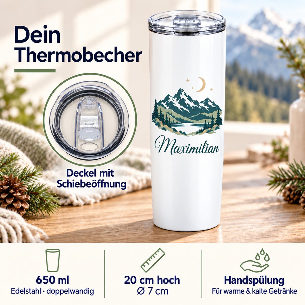 Thermobecher mit Bergen, Mond und Sternen: Deckeldetail, 650 ml, 20 cm Höhe, Ø 7 cm und Handspülung.
