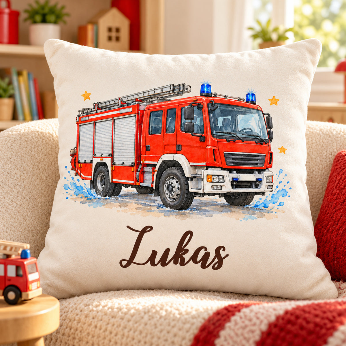 Feuerwehr-Kissen mit Namen Lukas auf einer hellen Sitzfläche neben einer roten Decke.