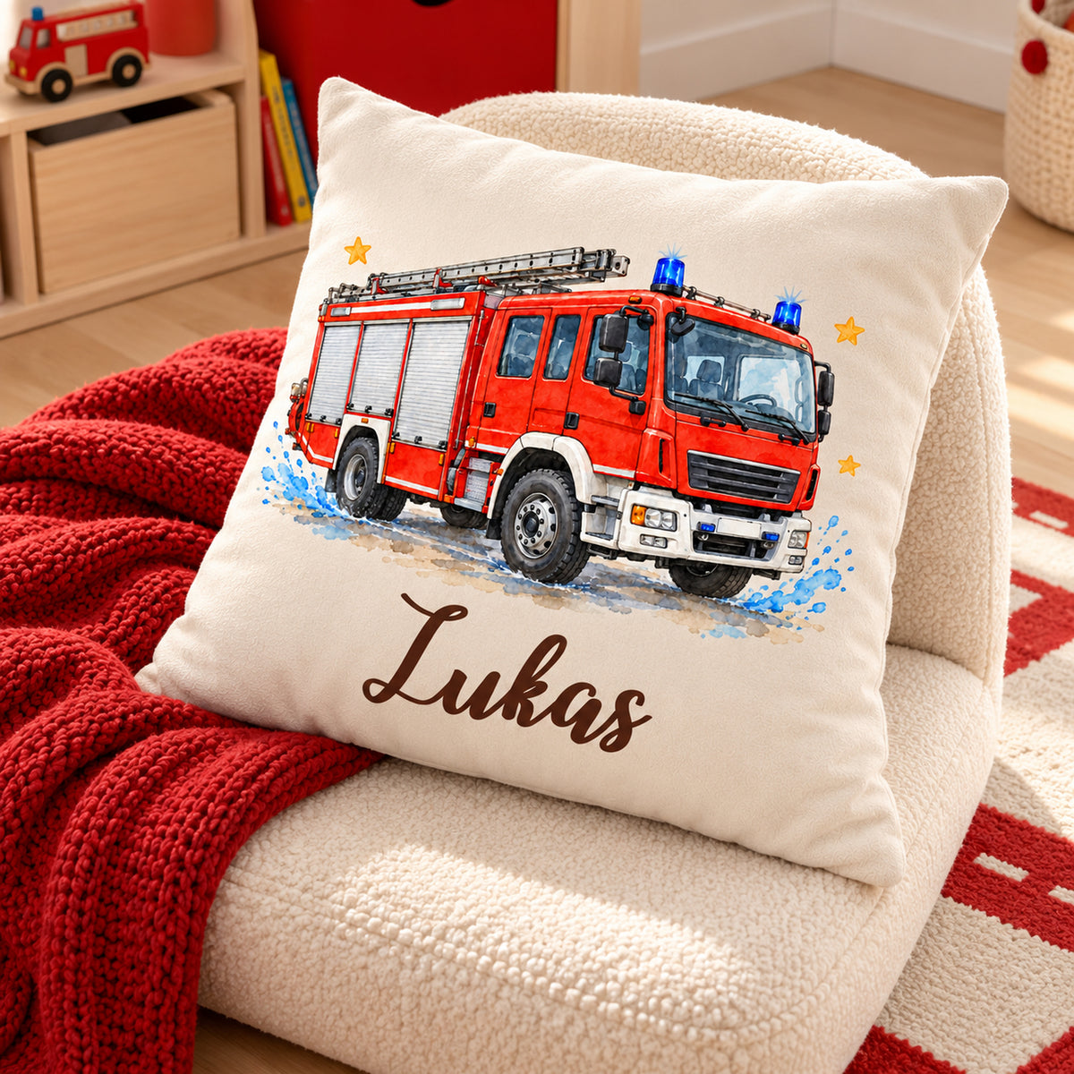 Feuerwehr-Kissenbezug mit Lukas aus seitlicher Perspektive in einer gemütlichen Wohnszene.