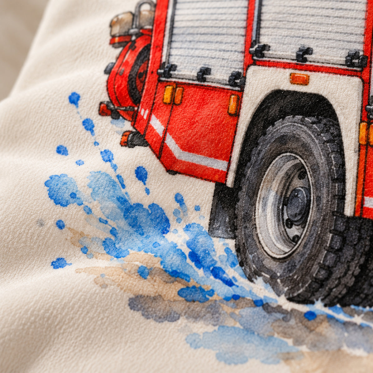 Nahaufnahme des roten Feuerwehrautos, blauer Motivelemente und der hellen Stoffstruktur.