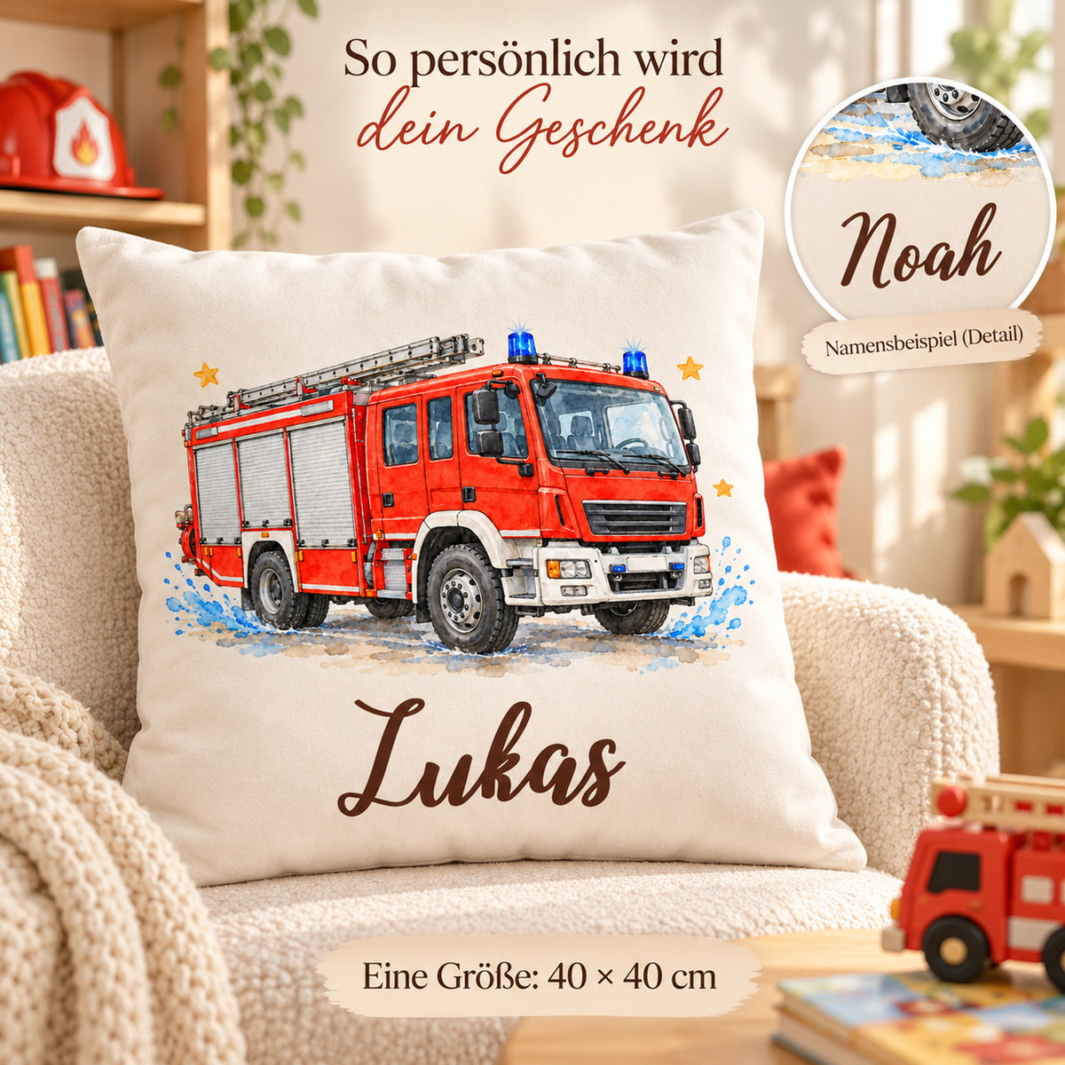 Personalisierungsbeispiel am Feuerwehr-Kissen: Lukas auf dem Bezug und Noah im runden Namensdetail.