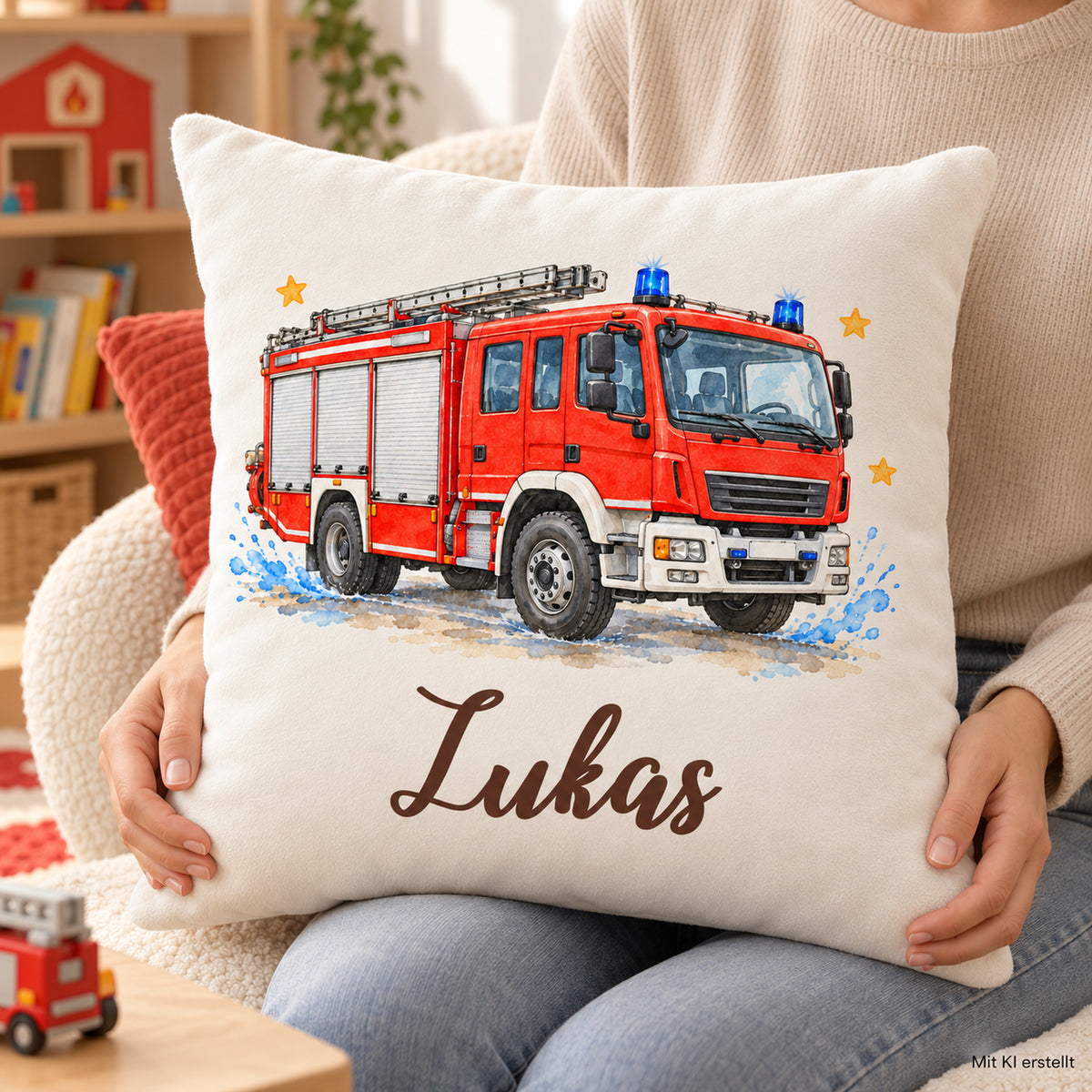 Eine sitzende Person hält den hellen Feuerwehr-Kissenbezug mit Namen Lukas auf dem Schoß.